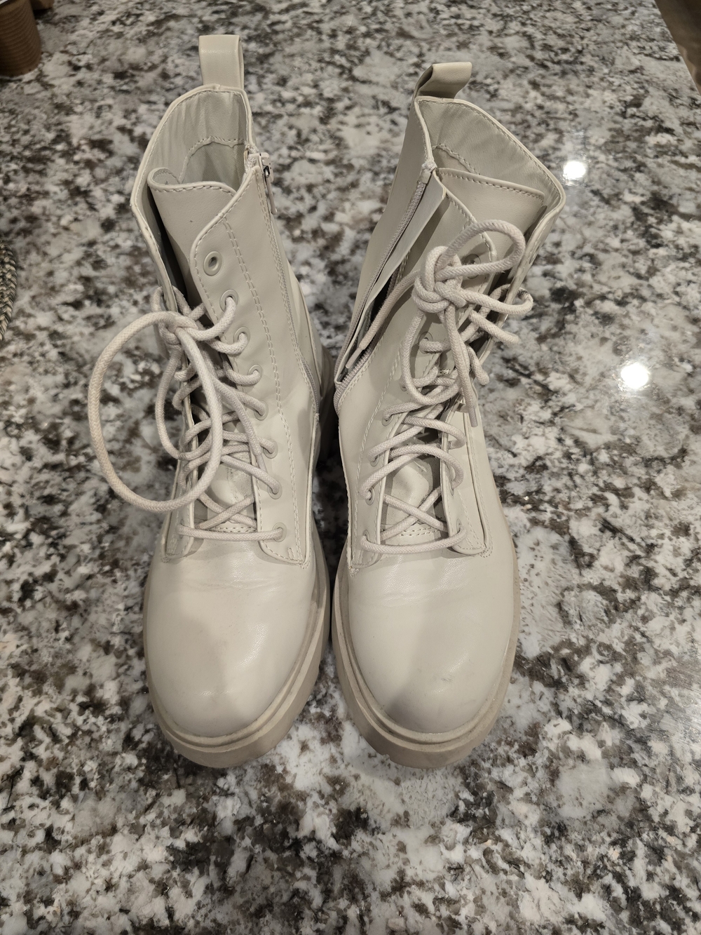 Cream Lace-Up Combat Boots with Side Zipper